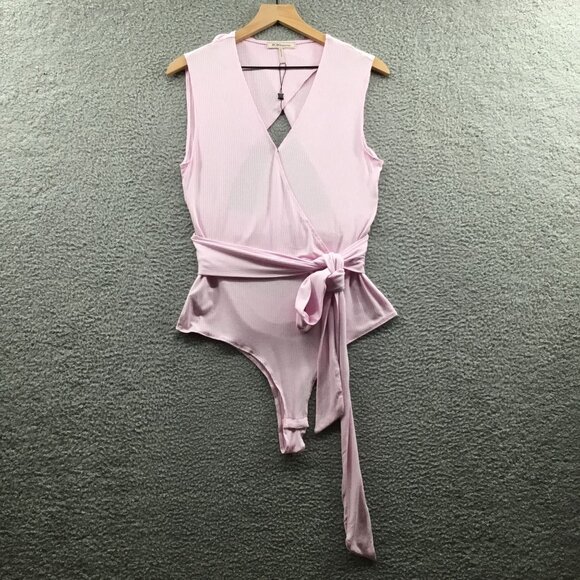 BCBGeneration Surplice Wrap Tie Knit Bodysuit Pink L - Picture 3 of 5